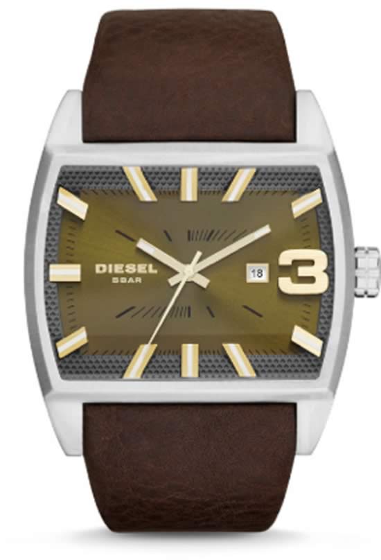 Diesel Green Dial / Textured Brown Leather Watch For Men