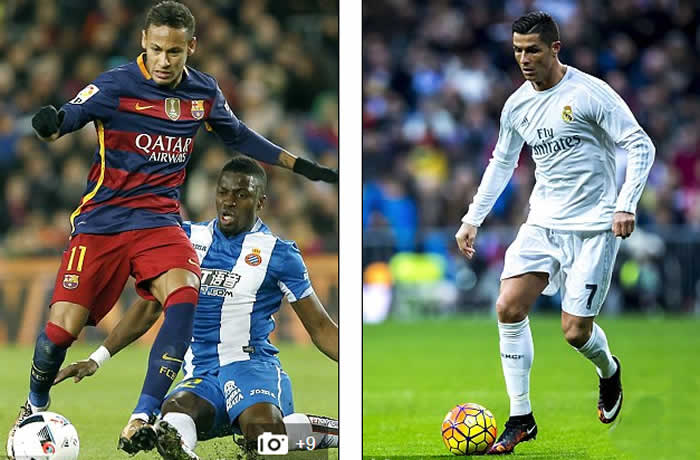 Messi is joined by team-mate Neymar (left) and Real Madrid's Cristiano Ronaldo in a forward front three