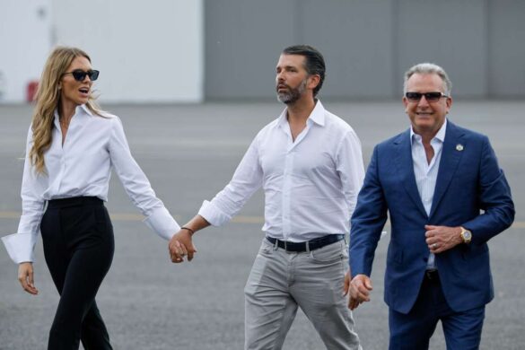 Bettina Anderson, Donald Trump Jr and US Special Envoy to the Middle East Steve Witkoff walk on the tarmac on before first lady Melania Trump and President Donald Trump on July 13, 2025 in Teterboro, New Jersey (Chip Somodevilla/Getty Images)
