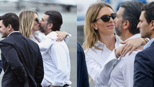 Donald Trump Jr. kisses his girlfriend Bettina Anderson next to his brother-in-law Michael Boulos (3rd R), US special envoy to the Middle East Steve Witkoff (3rd L), Jared Kushner and special personal senior counsel to the president Boris Epshteyn as they (Photo by Brendan SMIALOWSKI / AFP) (Photo by BRENDAN SMIALOWSKI/AFP via Getty Images)