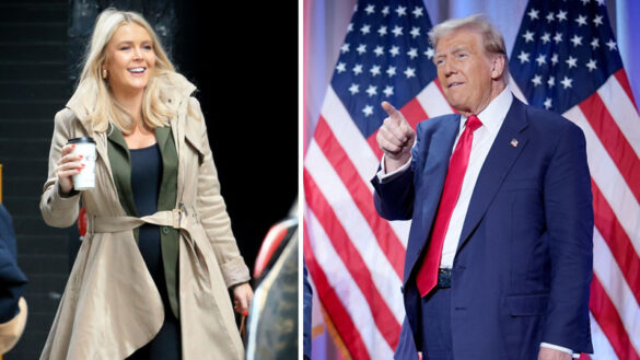 Karoline Leavitt is pictured on the left outside Trump Tower in New York City, while President-elect Donald Trump is shown on the right during a meeting with House (MEGA/GC Images; Andrew Harnik/Getty Images)